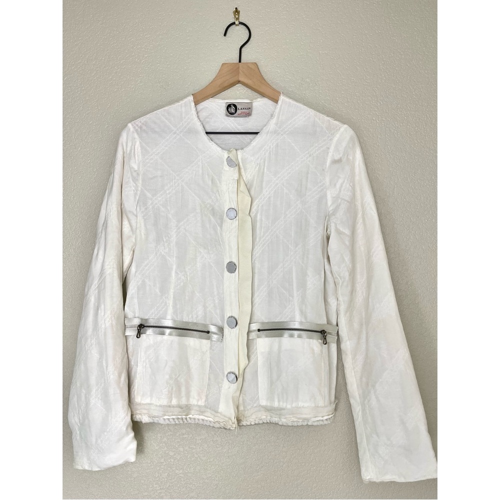 Lanvin Paris Quilted Lightweight Blazer Jacket S White Silk Accent Ribbon